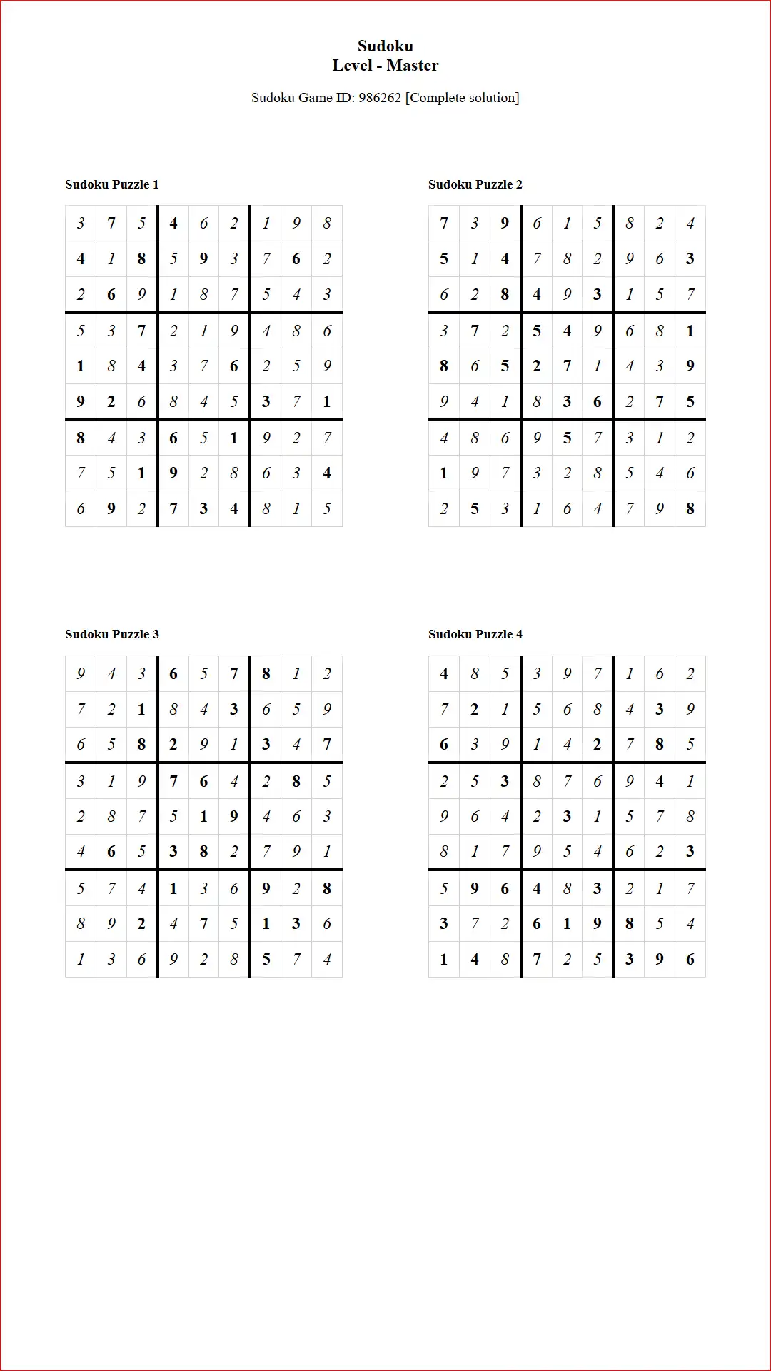 Solution of Sudoku Puzzles 4 per Page Master Level pdf [Game ID: 986262] Document