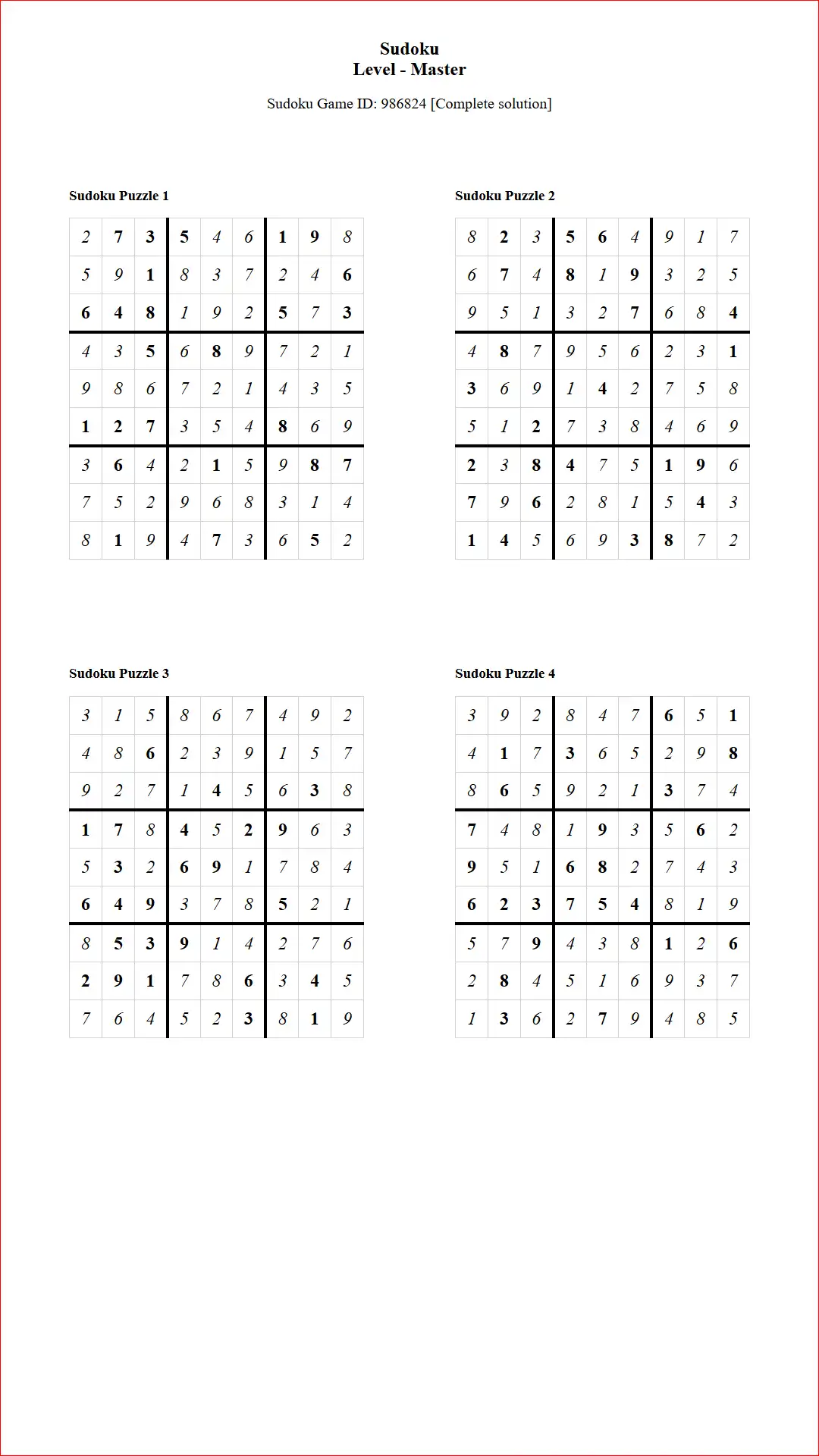 Solution of Sudoku Puzzles 4 per Page Master Level pdf [Game ID: 986824] Document