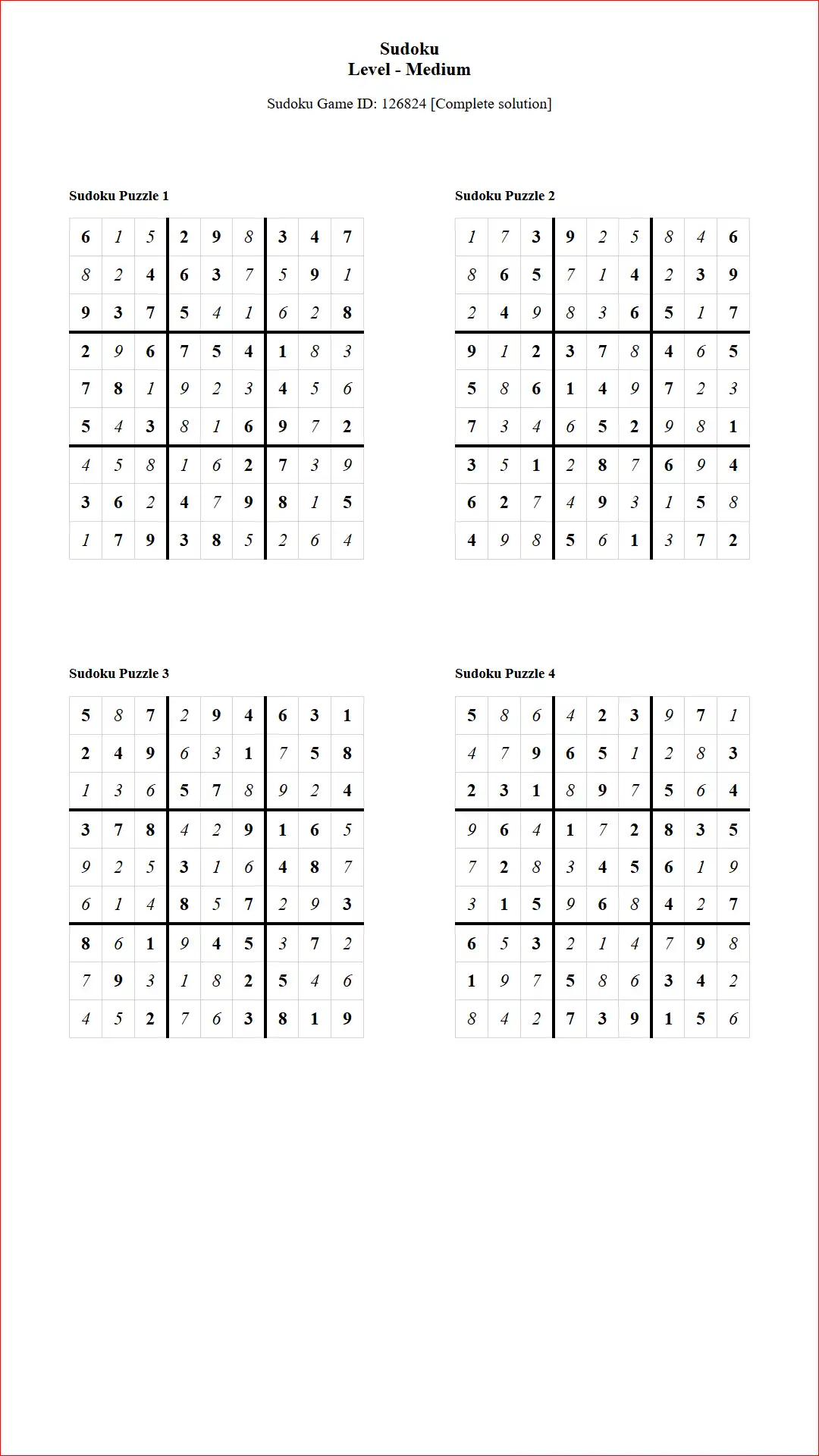 Solution of Sudoku Puzzles 4 per Page Medium Level pdf [Game ID: 126824] Document