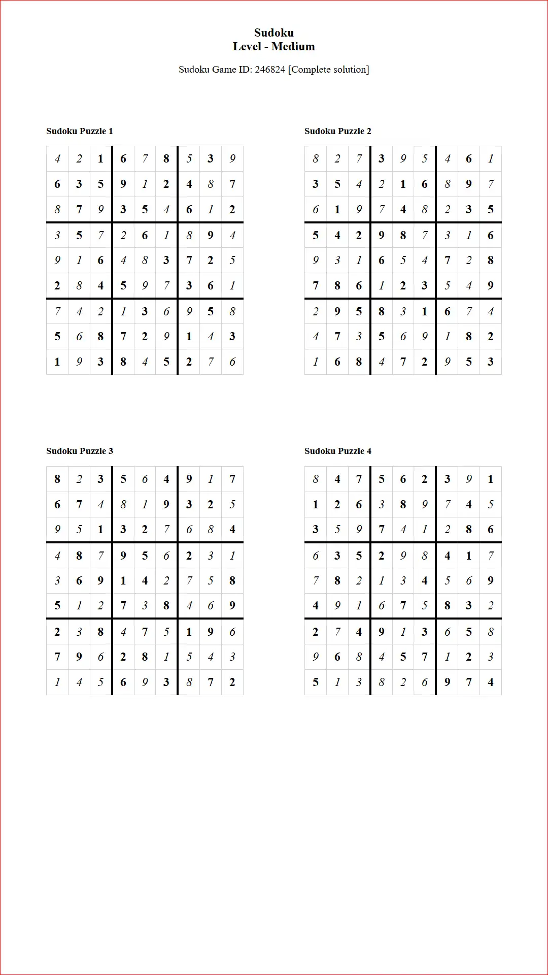 Solution of Sudoku Puzzles 4 per Page Medium Level pdf [Game ID: 246824] Document