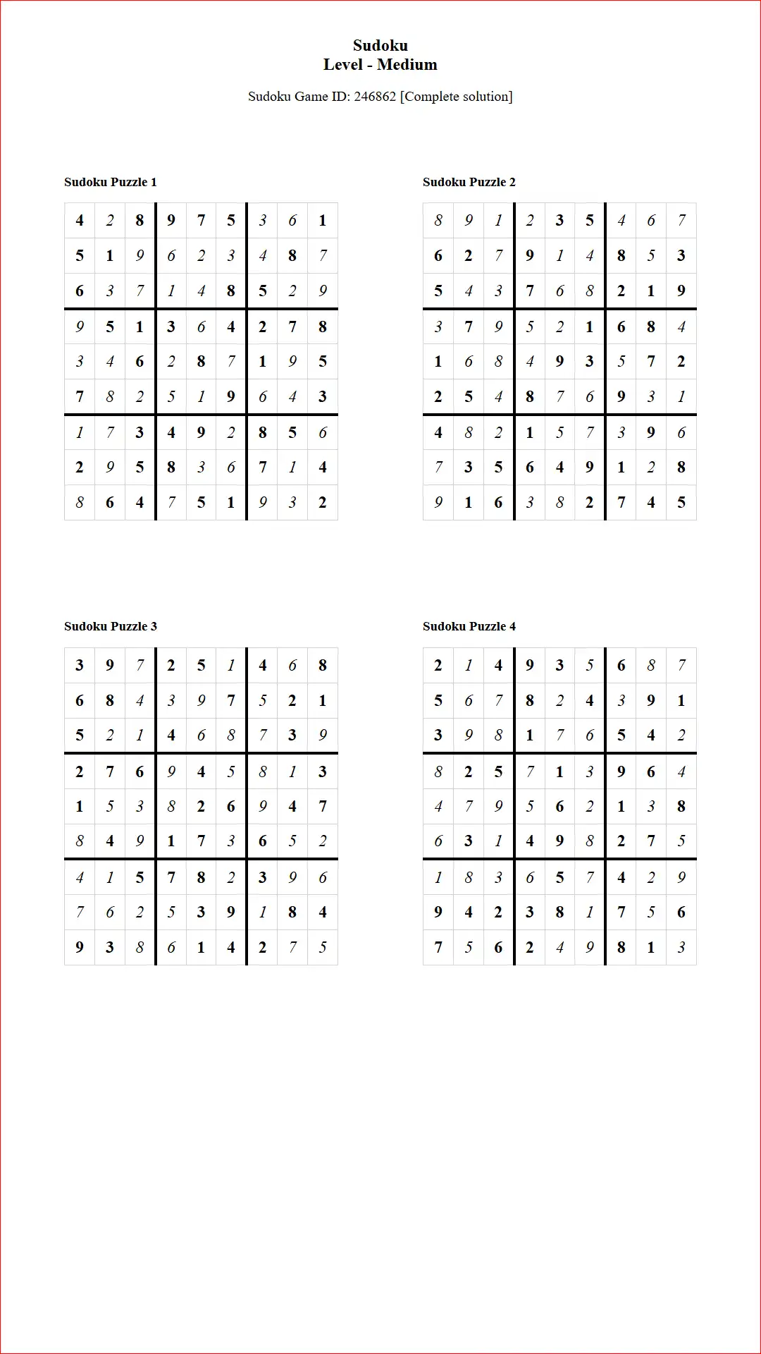 Solution of Sudoku Puzzles 4 per Page Medium Level pdf [Game ID: 246862] Document