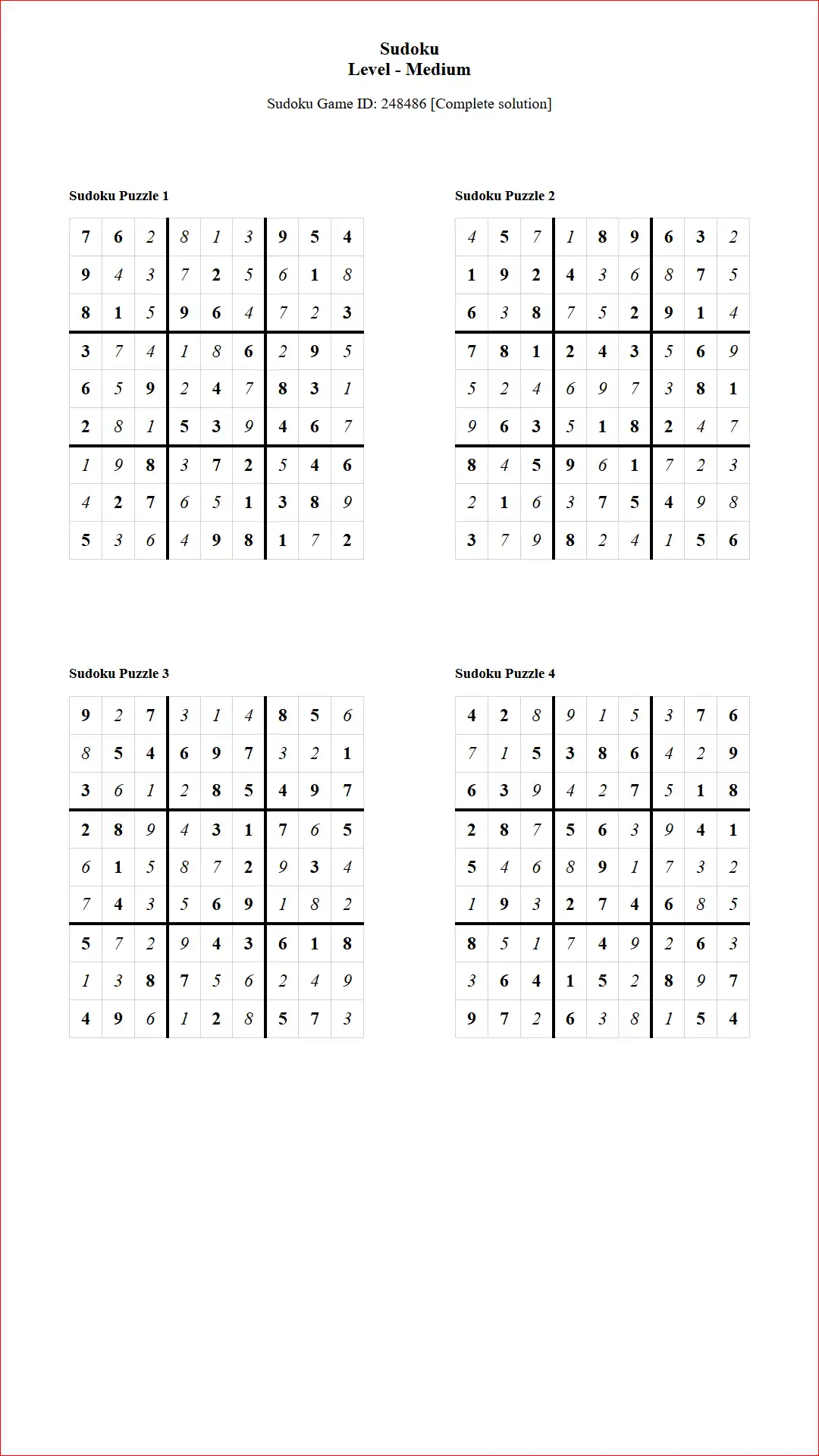 Solution of Sudoku Puzzles 4 per Page Medium Level pdf [Game ID: 248486] Document
