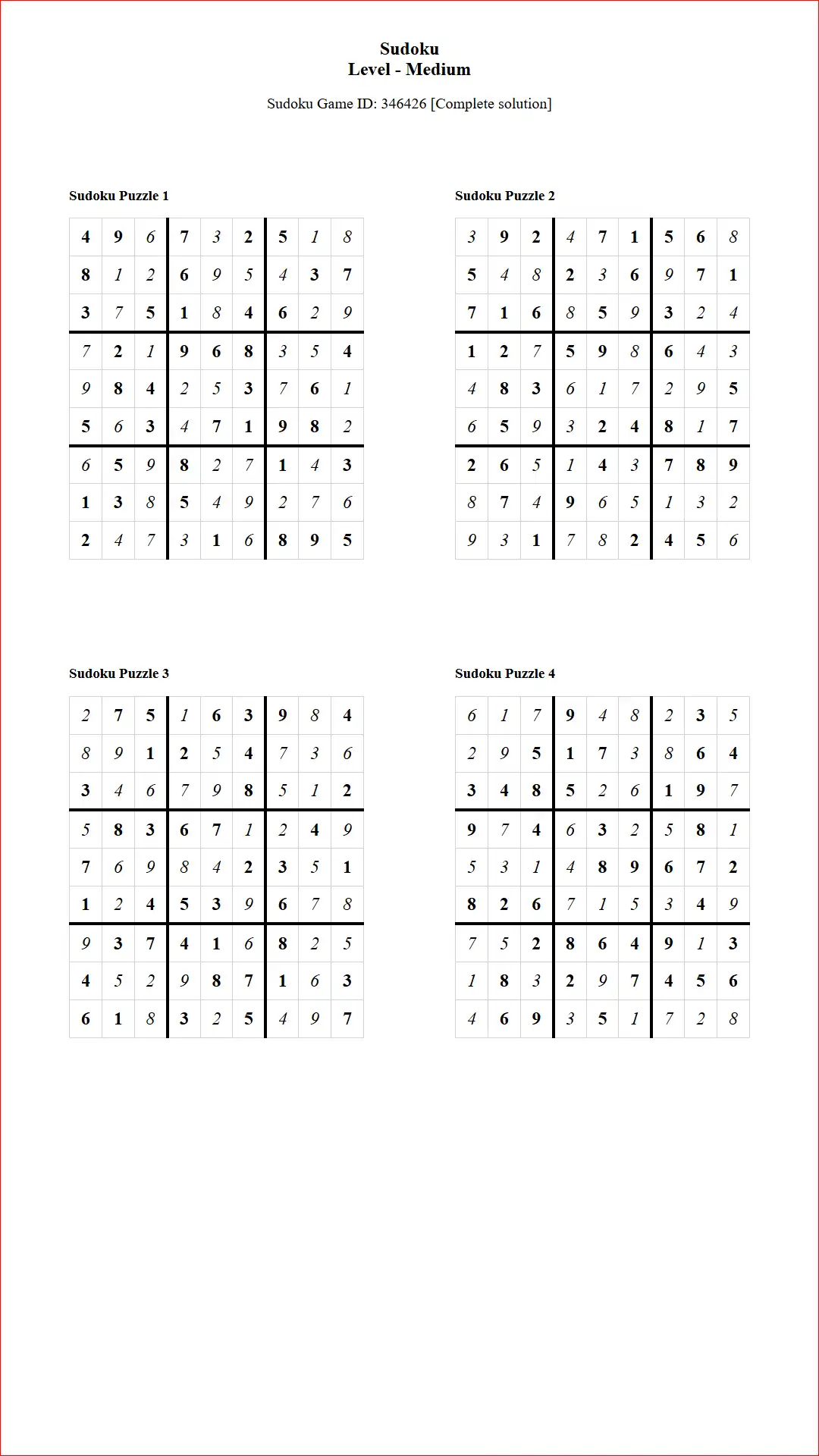 Solution of Sudoku Puzzles 4 per Page Medium Level pdf [Game ID: 346426] Document