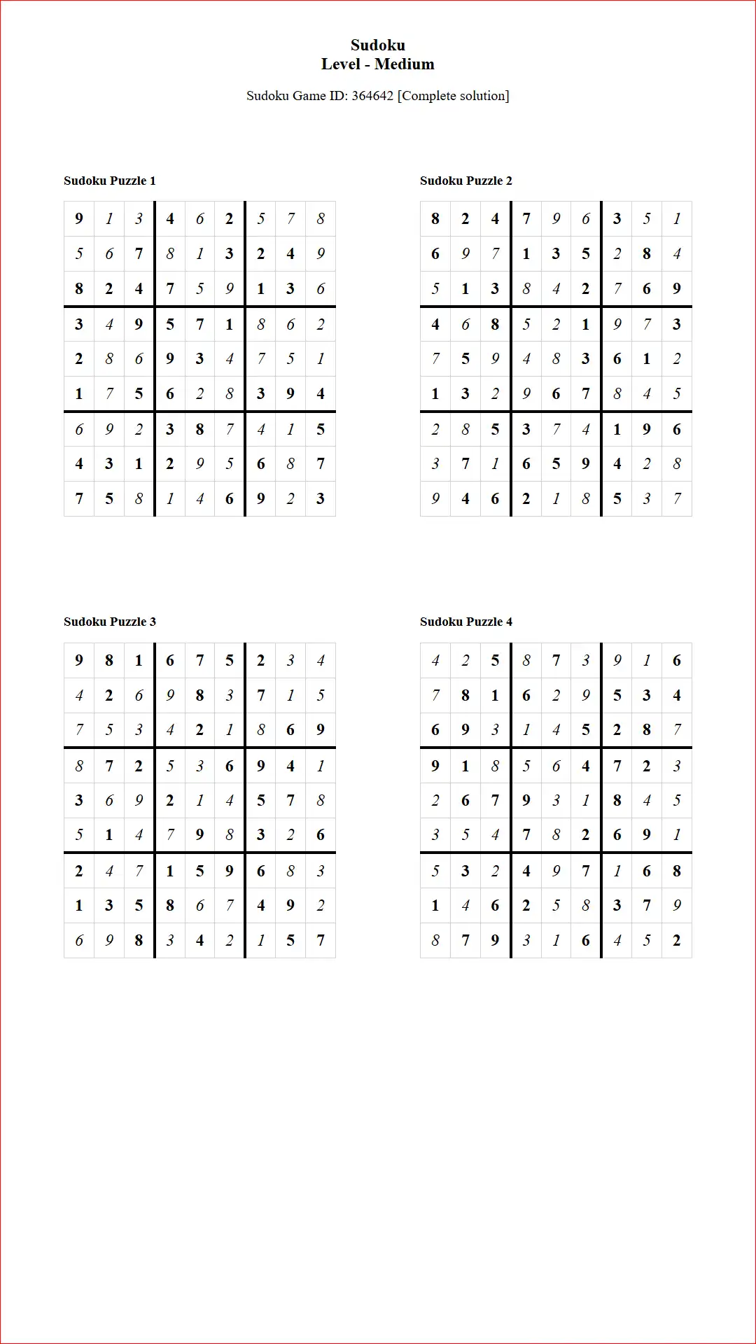 Solution of Sudoku Puzzles 4 per Page Medium Level pdf [Game ID: 364642] Document