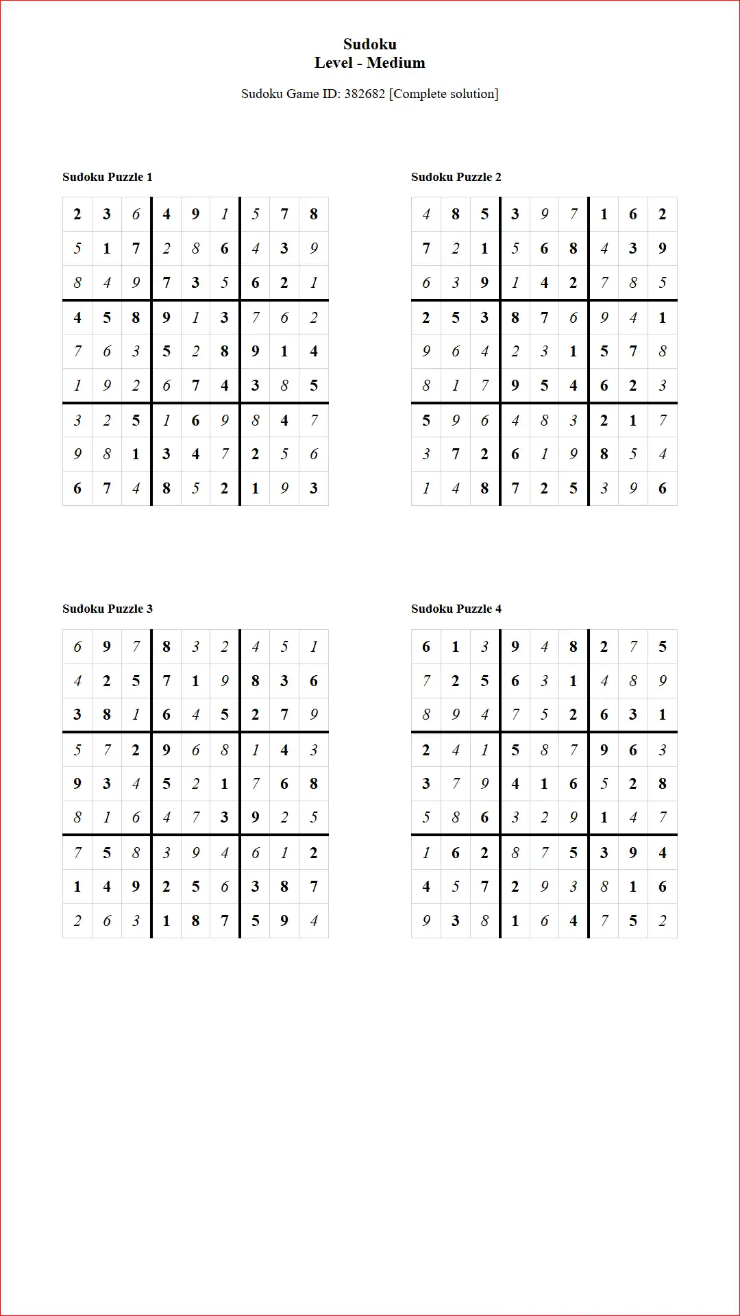 Solution of Sudoku Puzzles 4 per Page Medium Level pdf [Game ID: 382682] Document