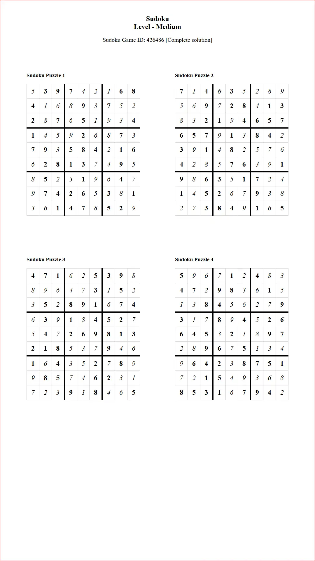 Solution of Sudoku Puzzles 4 per Page Medium Level pdf [Game ID: 426486] Document