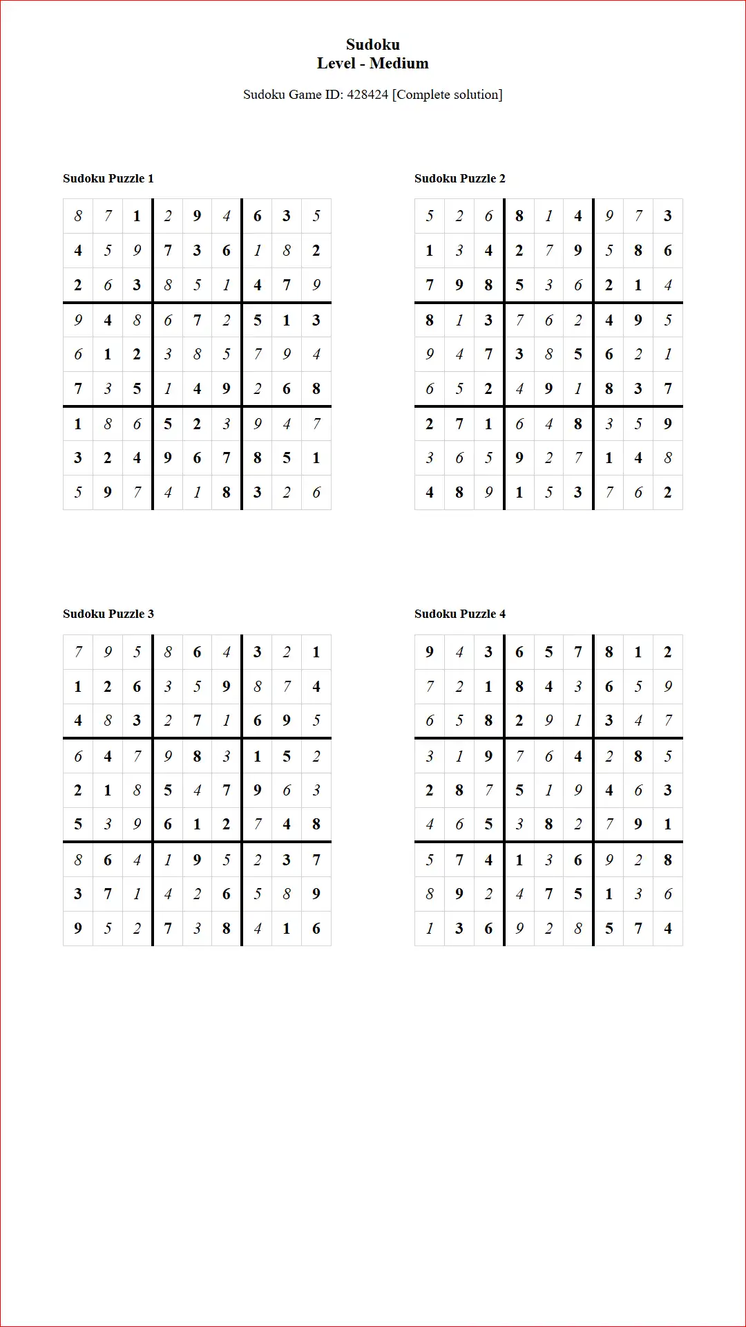 Solution of Sudoku Puzzles 4 per Page Medium Level pdf [Game ID: 428424] Document