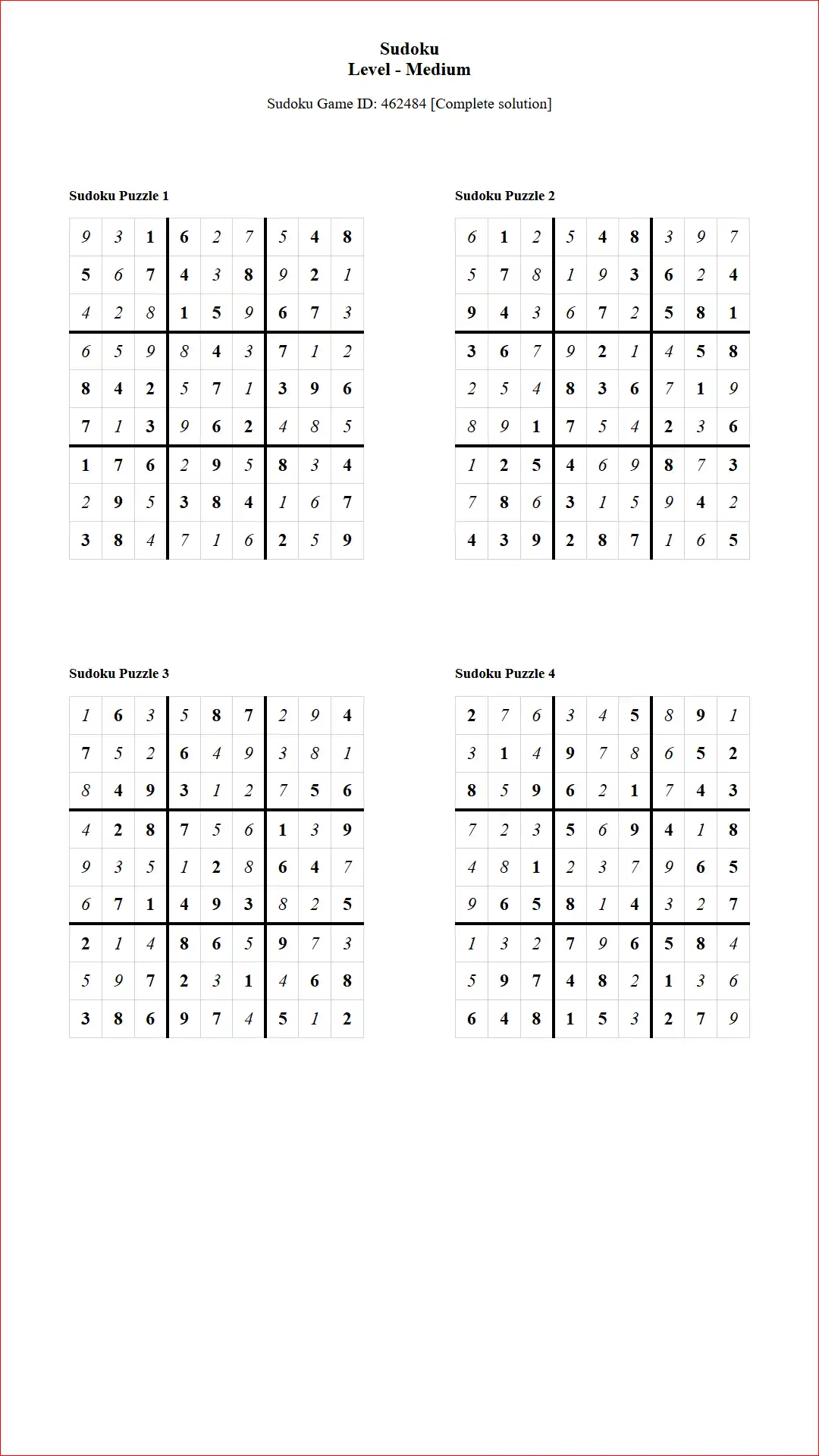 Solution of Sudoku Puzzles 4 per Page Medium Level pdf [Game ID: 462484] Document