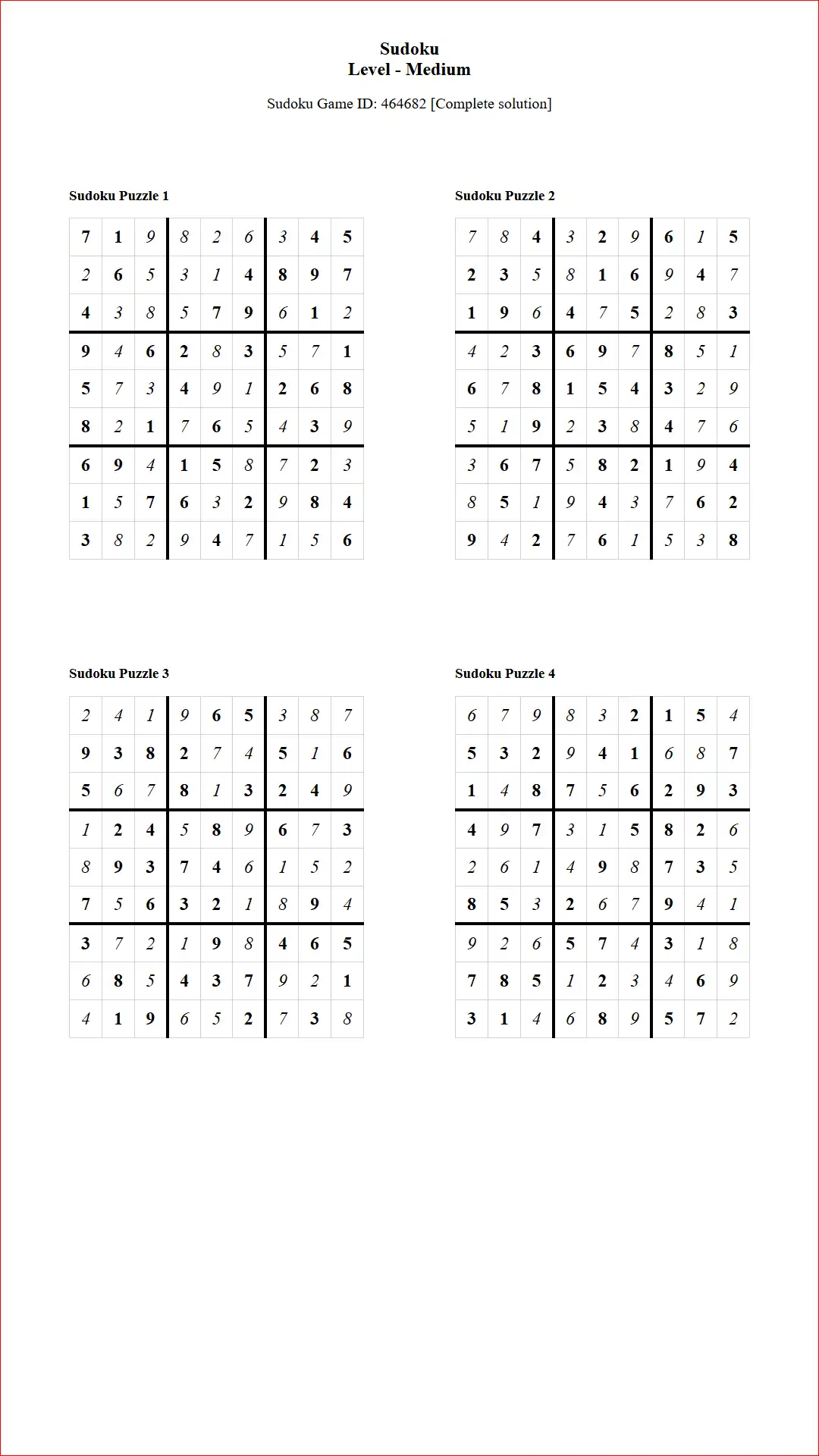 Solution of Sudoku Puzzles 4 per Page Medium Level pdf [Game ID: 464682] Document