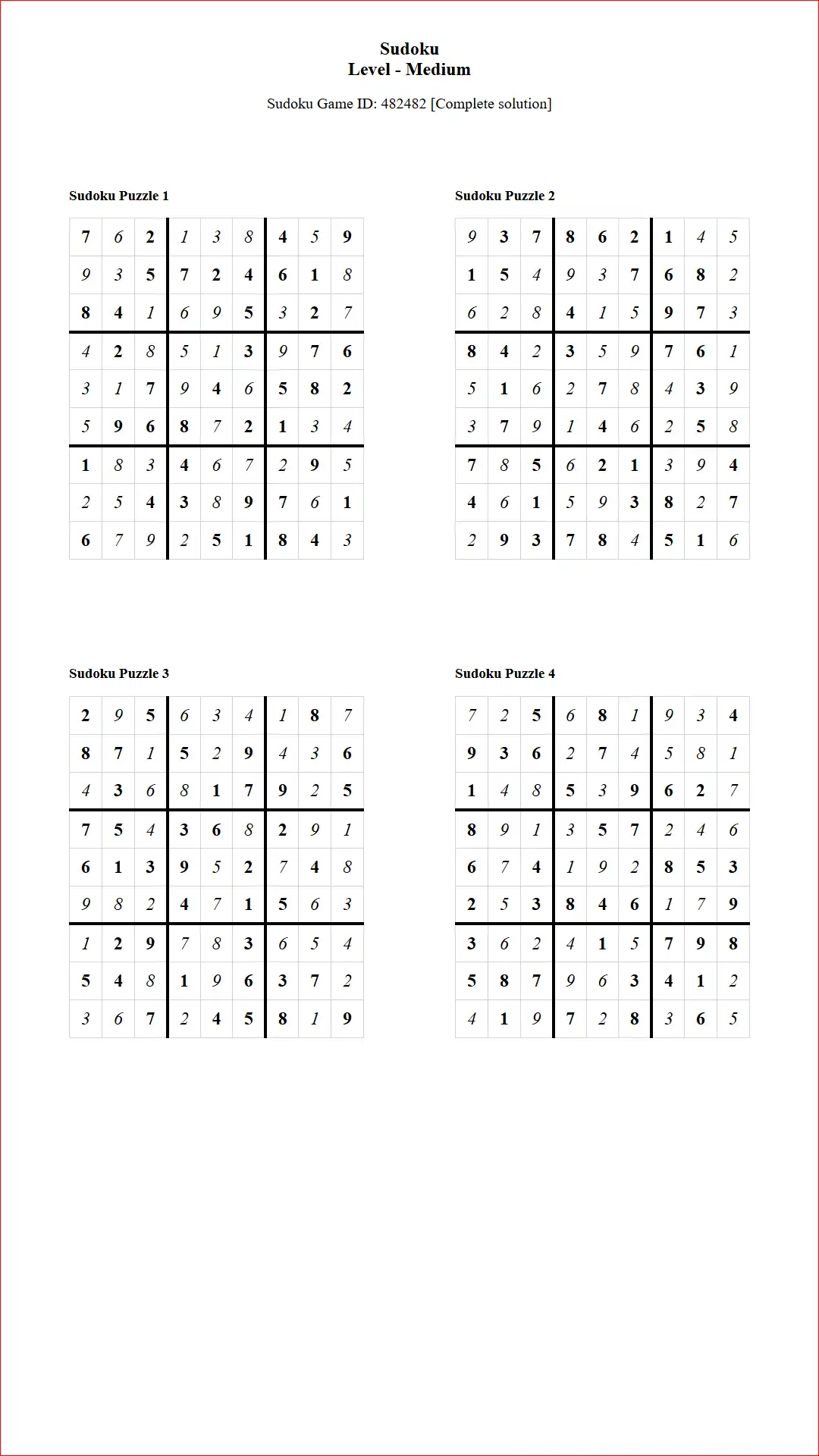 Solution of Sudoku Puzzles 4 per Page Medium Level pdf [Game ID: 482482] Document