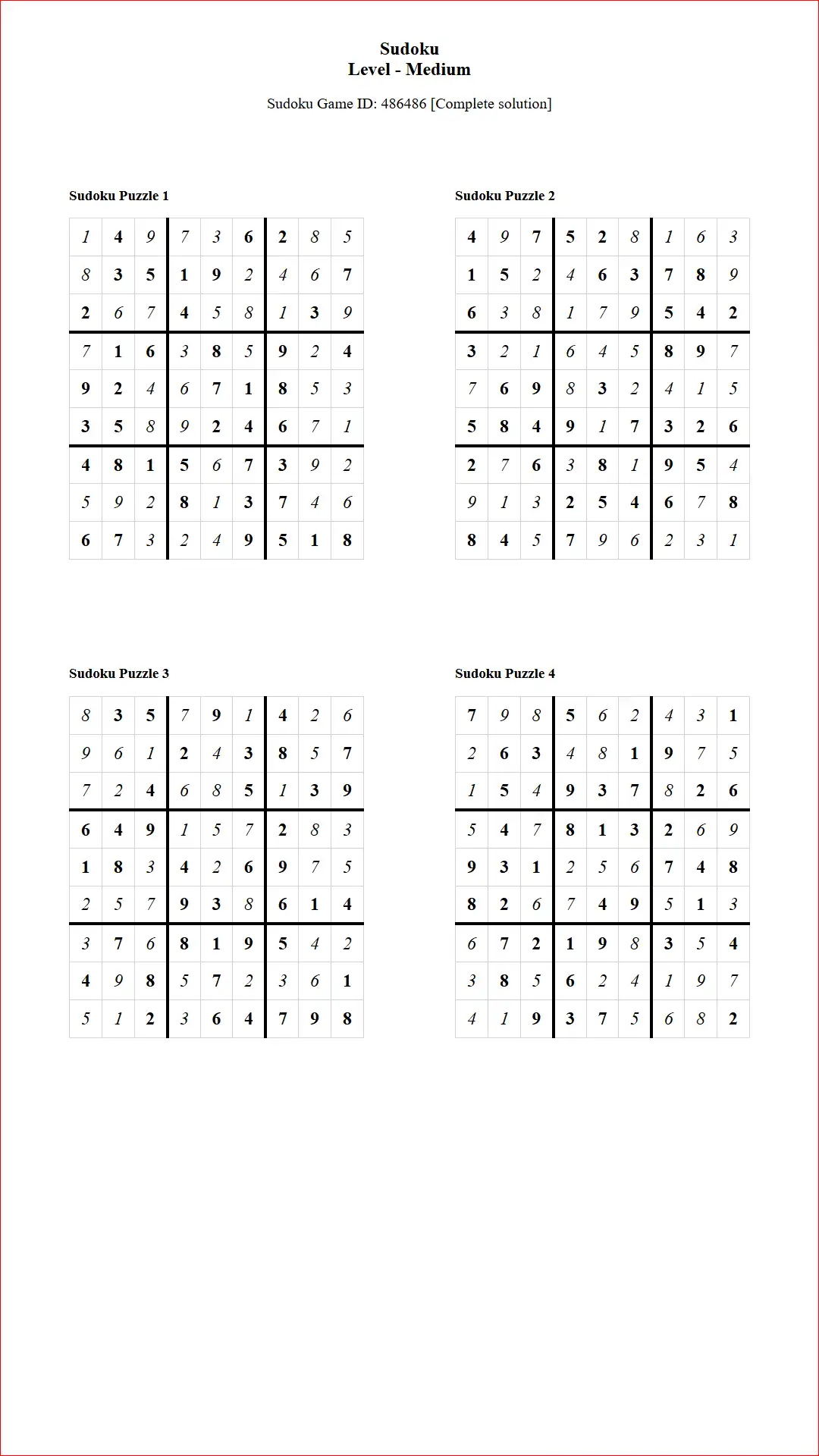 Solution of Sudoku Puzzles 4 per Page Medium Level pdf [Game ID: 486486] Document