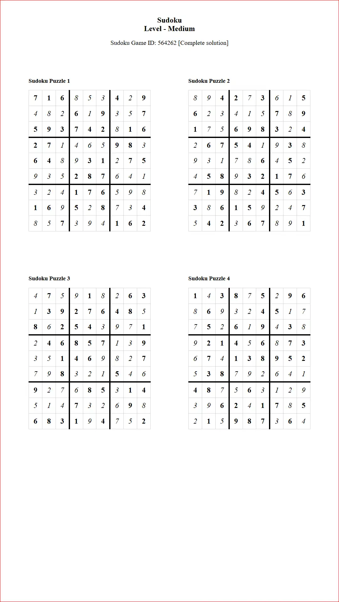 Solution of Sudoku Puzzles 4 per Page Medium Level pdf [Game ID: 564262] Document