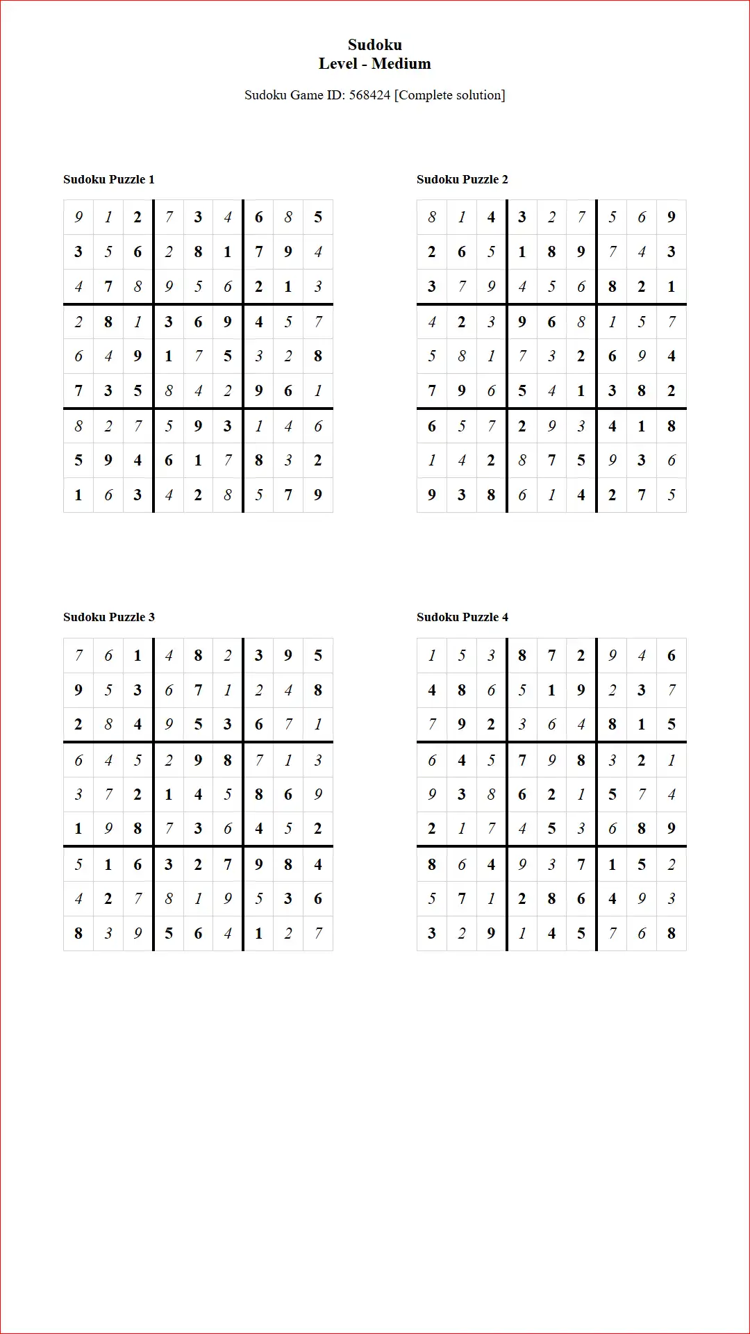 Solution of Sudoku Puzzles 4 per Page Medium Level pdf [Game ID: 568424] Document