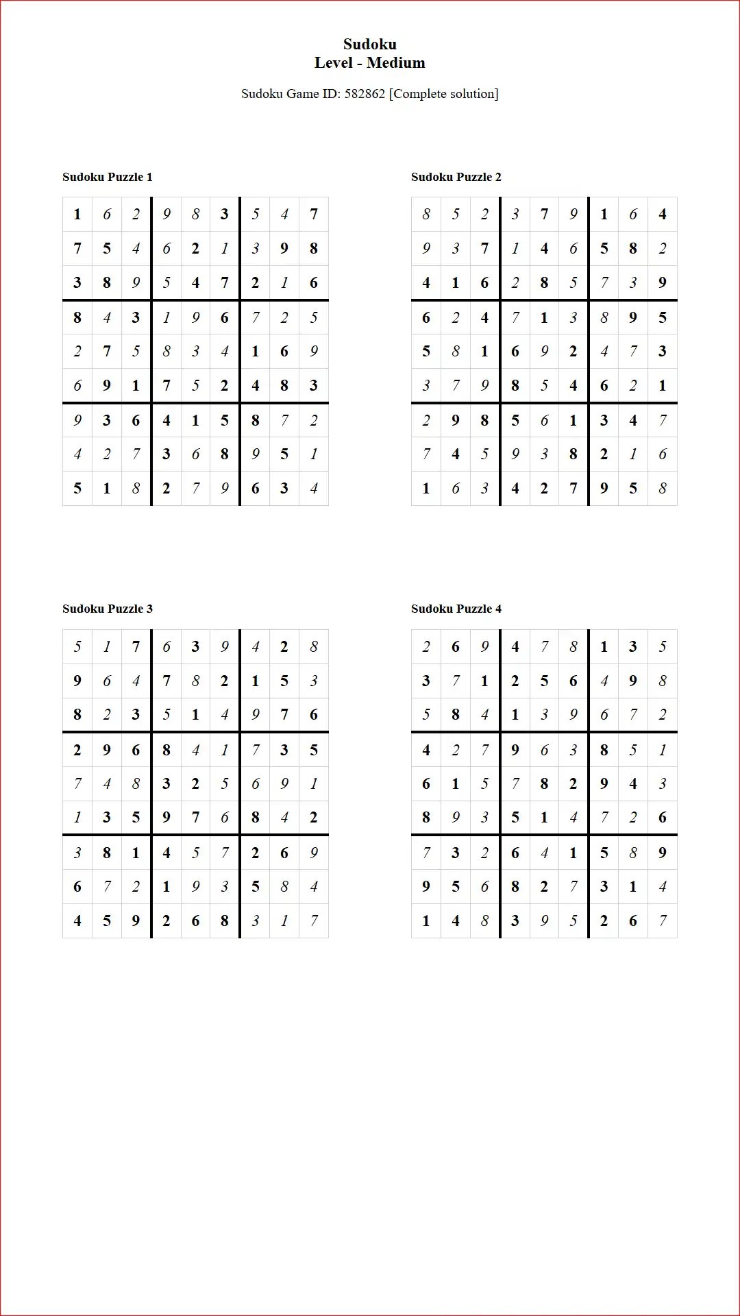 Solution of Sudoku Puzzles 4 per Page Medium Level pdf [Game ID: 582862] Document