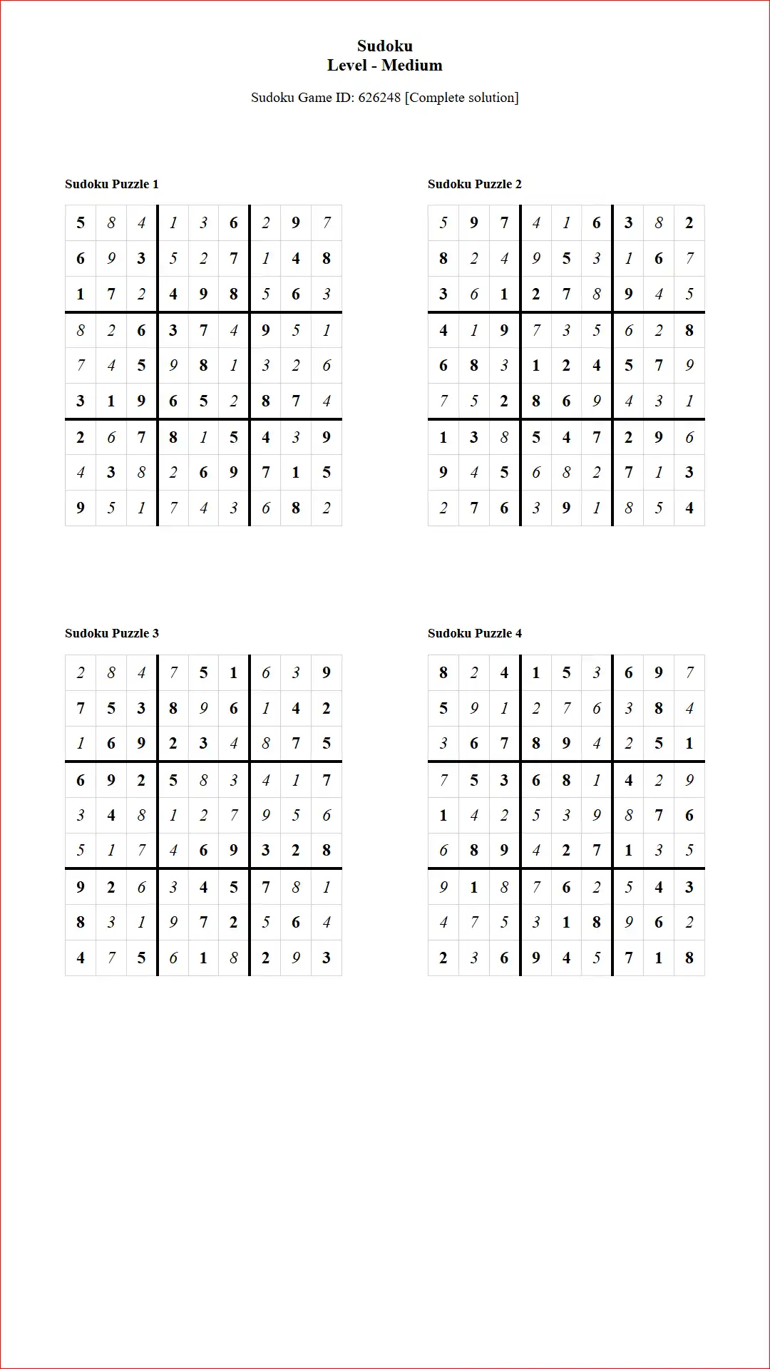 Solution of Sudoku Puzzles 4 per Page Medium Level pdf [Game ID: 626248] Document