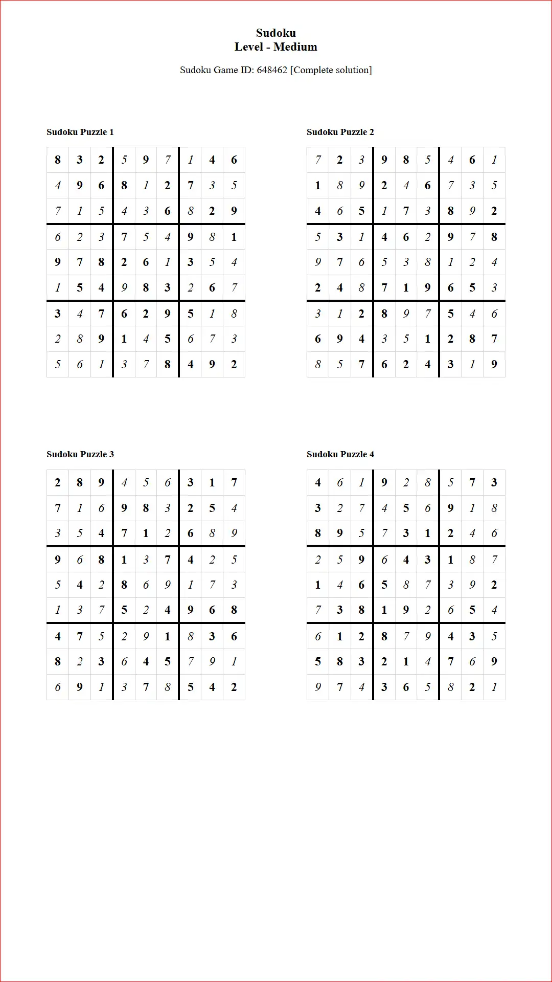 Solution of Sudoku Puzzles 4 per Page Medium Level pdf [Game ID: 648462] Document