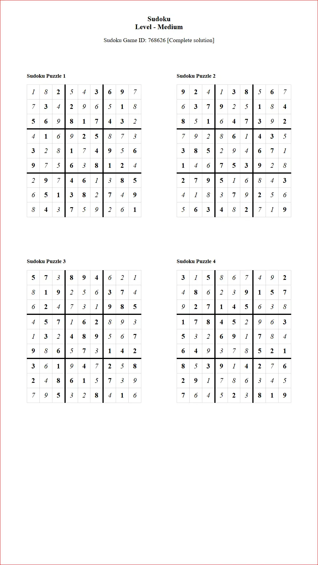 Solution of Sudoku Puzzles 4 per Page Medium Level pdf [Game ID: 768626] Document