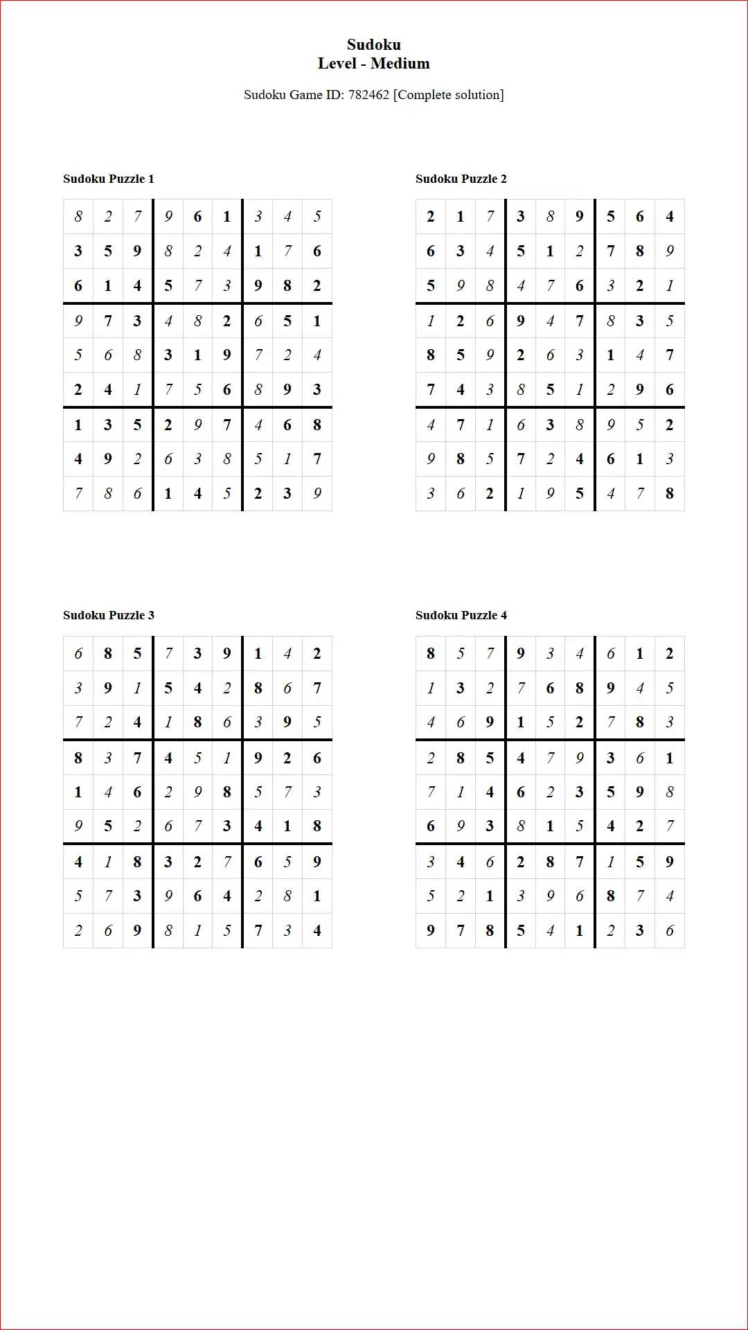 Solution of Sudoku Puzzles 4 per Page Medium Level pdf [Game ID: 782462] Document