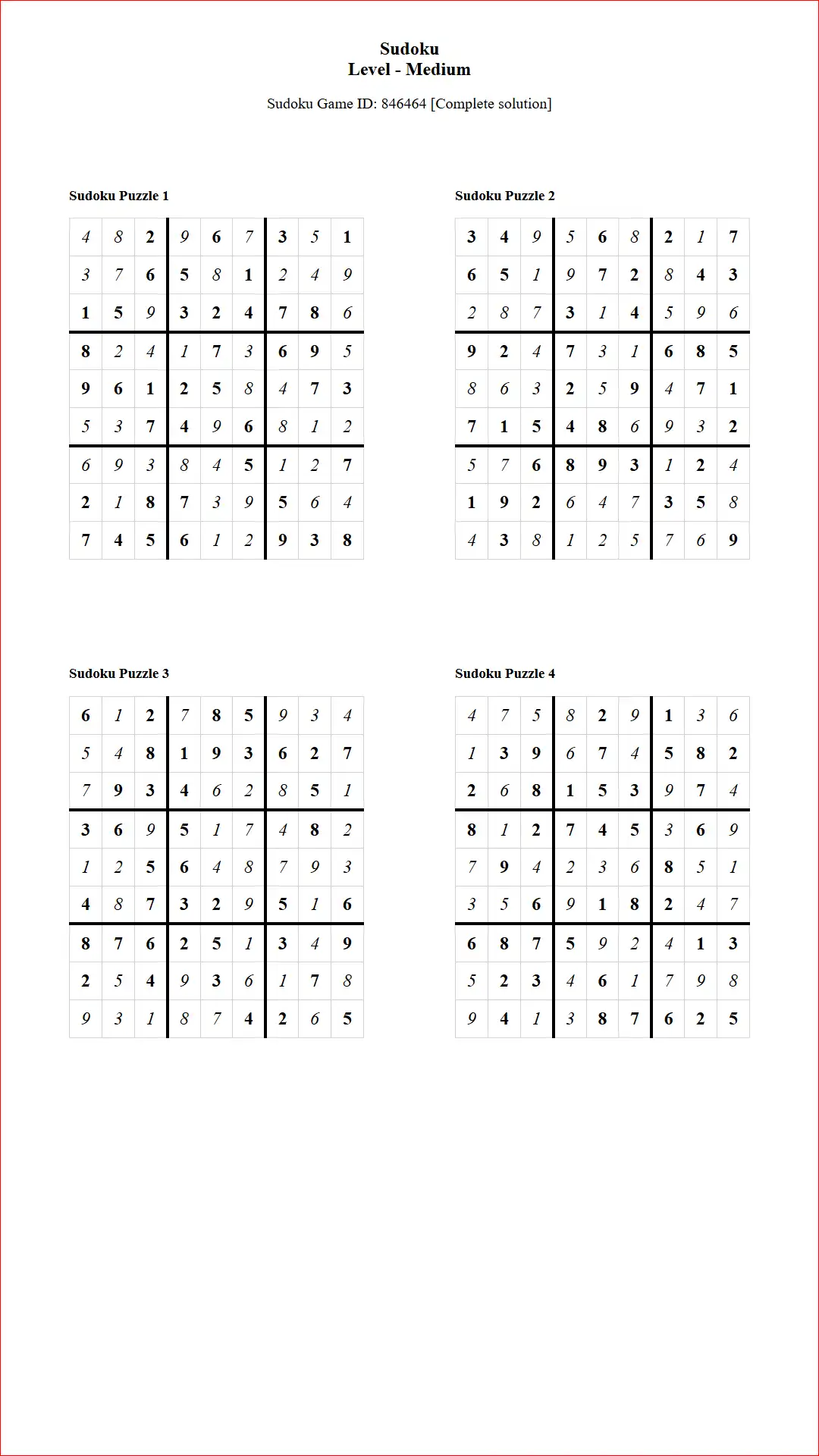 Solution of Sudoku Puzzles 4 per Page Medium Level pdf [Game ID: 846464] Document