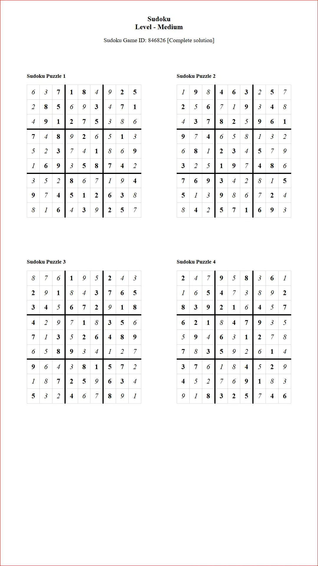 Solution of Sudoku Puzzles 4 per Page Medium Level pdf [Game ID: 846826] Document