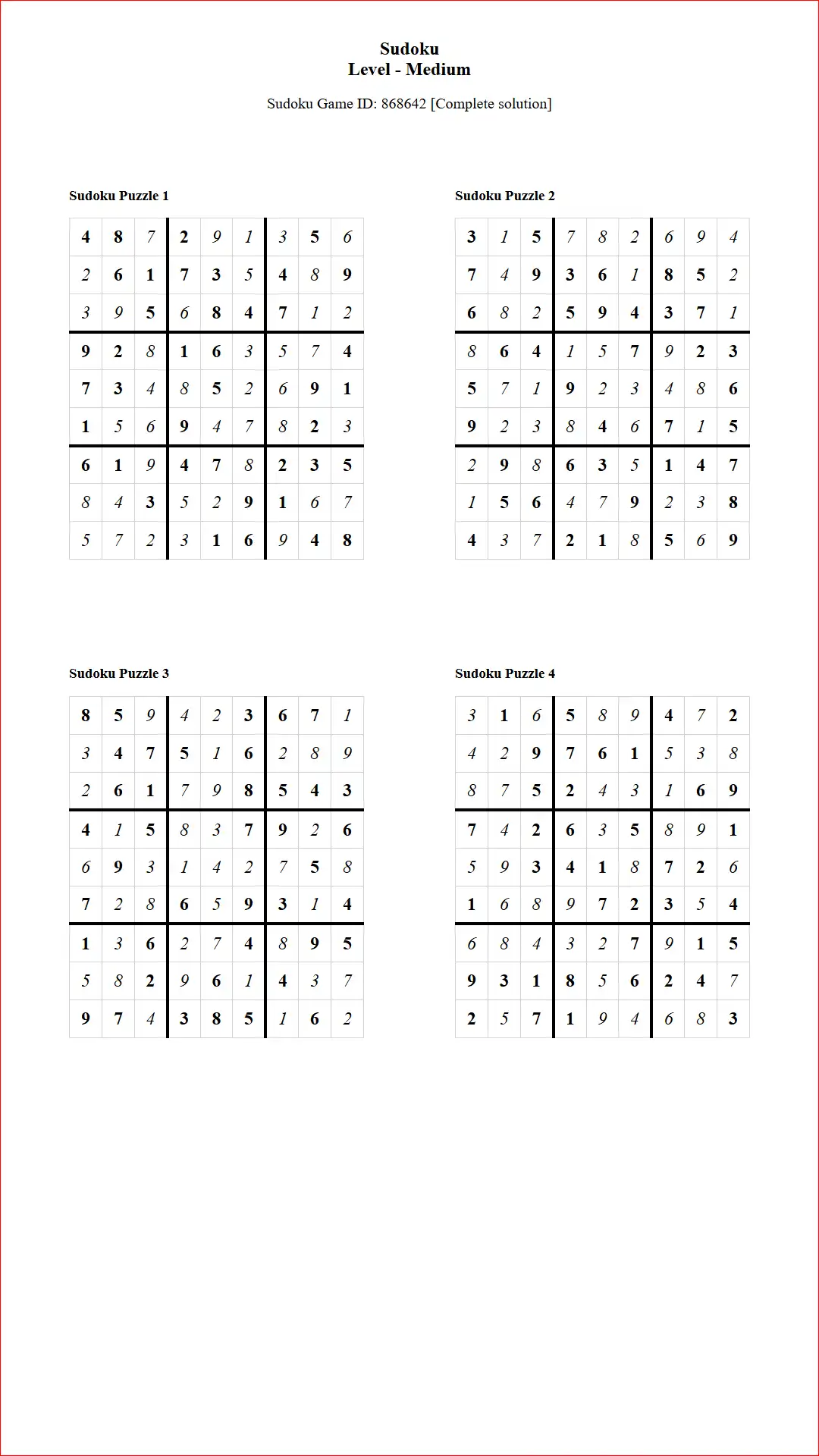 Solution of Sudoku Puzzles 4 per Page Medium Level pdf [Game ID: 868642] Document