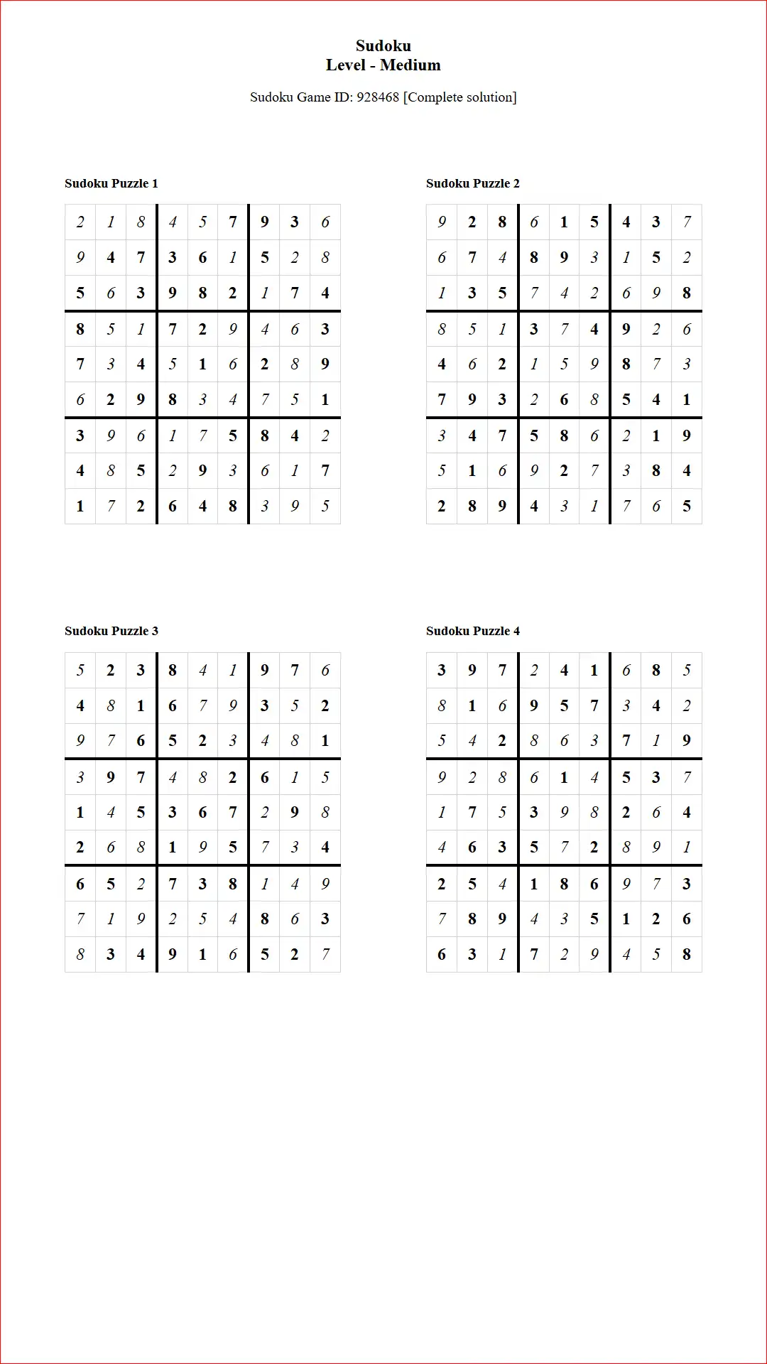 Solution of Sudoku Puzzles 4 per Page Medium Level pdf [Game ID: 928468] Document