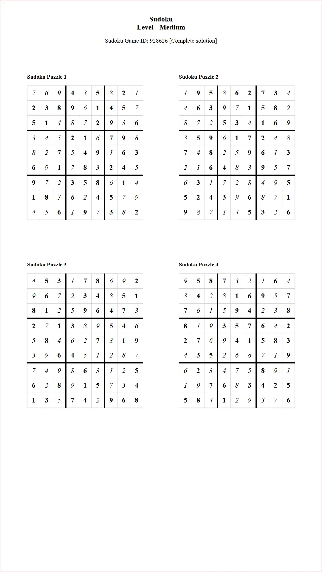 Solution of Sudoku Puzzles 4 per Page Medium Level pdf [Game ID: 928626] Document