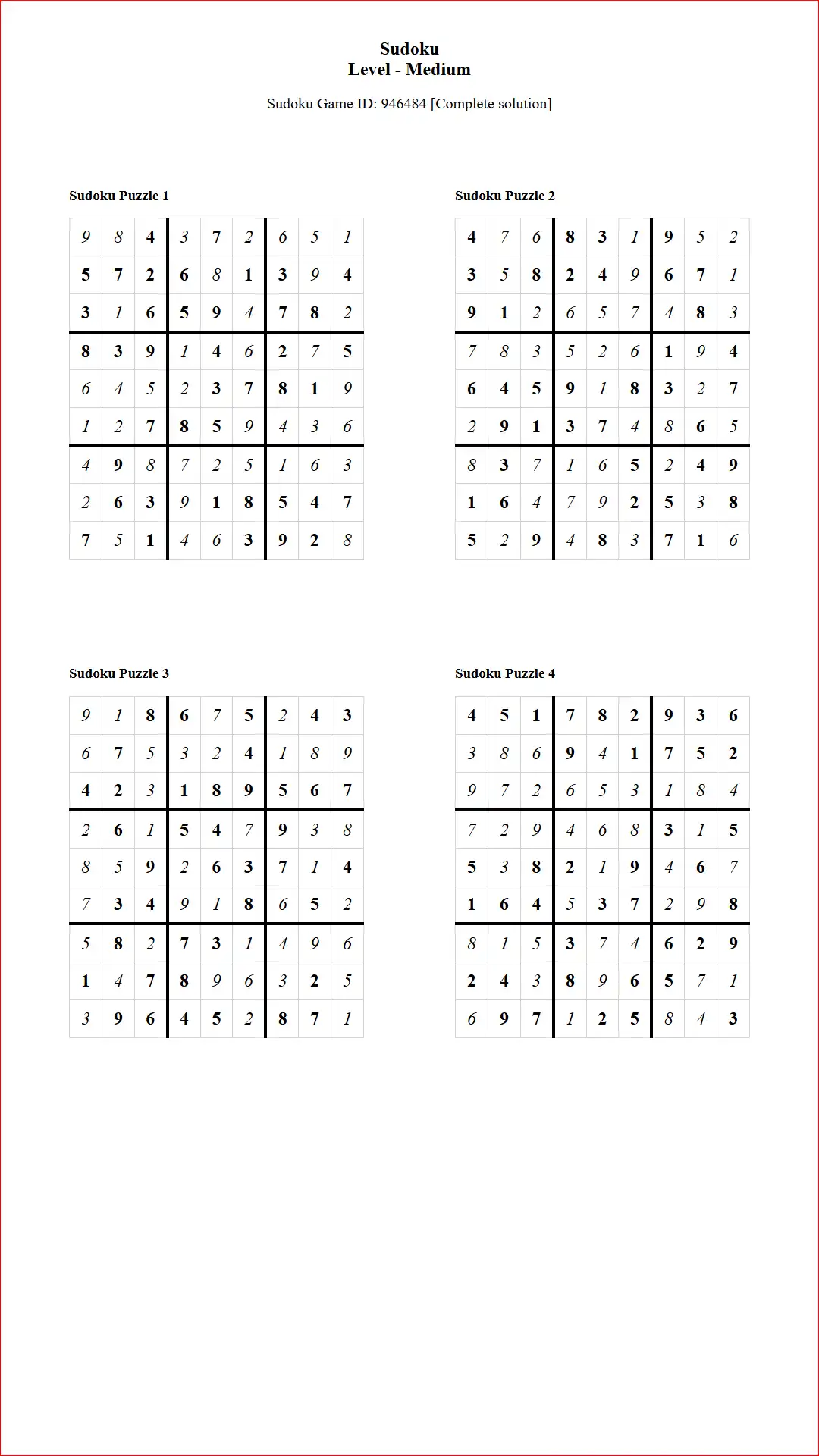 Solution of Sudoku Puzzles 4 per Page Medium Level pdf [Game ID: 946484] Document